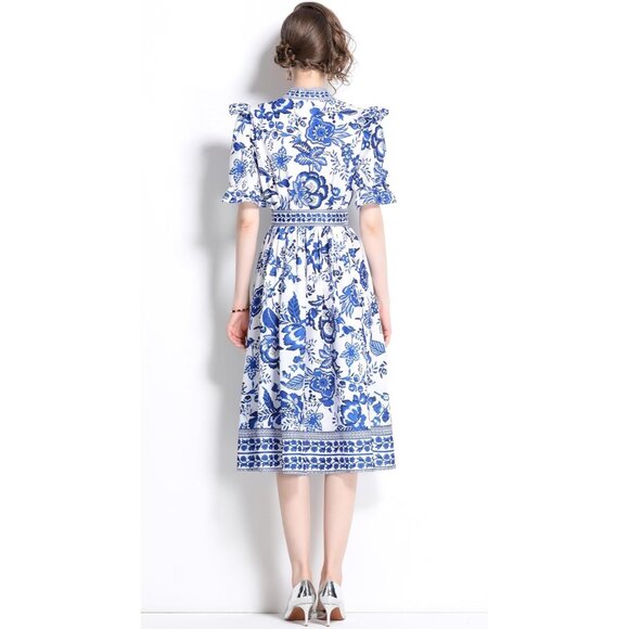 Women's Floral Print V-Neck Button Up Short Puff Sleeve Midi Dress - Picture 4 of 7